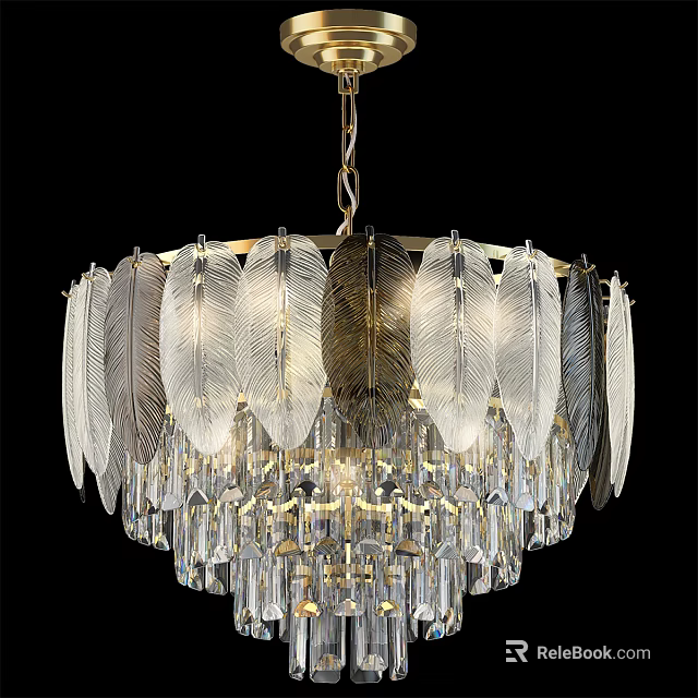 Elegant Crystal Chandelier with Feather Shaped Design and Hanging Crystal Pendants 3d model 