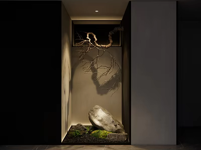 Indoor Zen Corner With Natural Stone Branch And Green Moss Shadow 3d model