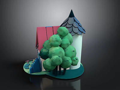 Fairy Tale House Scene With Green Trees Blue Roof Pink Walls And Round Base 3d model