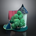 Fairy Tale House Scene With Green Trees Blue Roof Pink Walls And Round Base