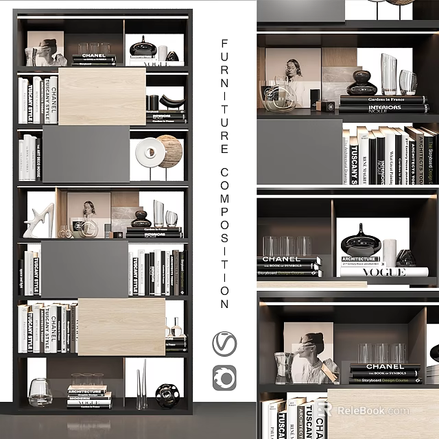 Modern Wooden And Black Shelving Unit With Organized Books And Decor Items 3d model 
