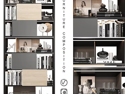 Modern Wooden And Black Shelving Unit With Organized Books And Decor Items 3d model