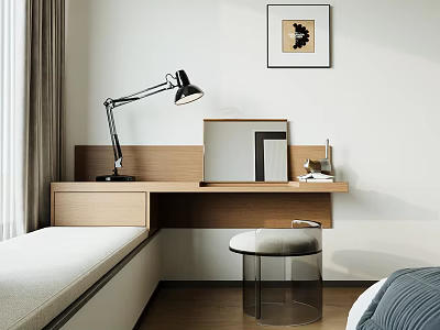 Modern Wooden Dressing Table with Mirror and Table Lamp in Bedroom 3d model