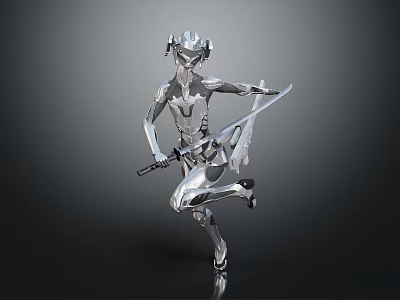 Silver Humanoid Intelligent Machine With Sword In Dynamic Battle Pose Futuristic Design And Metallic Texture 3d model