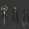 Three Stylish Long Hair Wigs Featuring Elegant Ornaments And Unique Designs