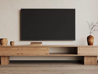 Wooden TV Stand with Flat Screen TV Decorative Terracotta Vases Branches and Stack of Books 3d model