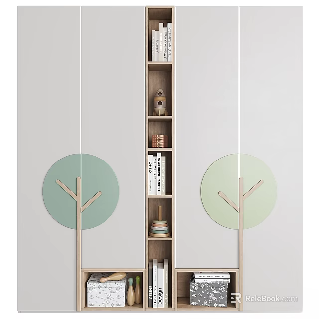 Modern Style Wardrobe with Wooden Frame Light Green Circular Panels and Open Storage Shelves 3d model 