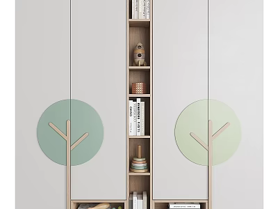 Modern Style Wardrobe with Wooden Frame Light Green Circular Panels and Open Storage Shelves 3d model