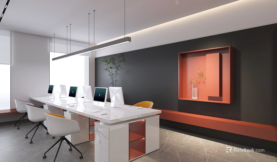 Modern Open Office Interior With White Desks Black Walls Green Plants And Orange Decor 3d model 