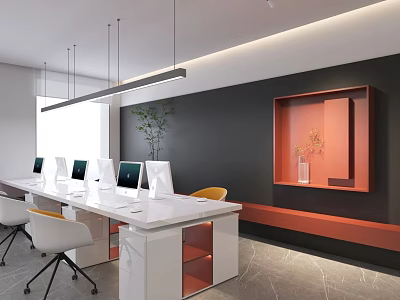 Modern Open Office Interior With White Desks Black Walls Green Plants And Orange Decor 3d model