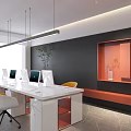 Modern Open Office Interior With White Desks Black Walls Green Plants And Orange Decor