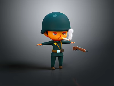Cartoon Character In Green Helmet And Military Uniform Holding Gun Smoking Cigarette With Serious Expression 3d model