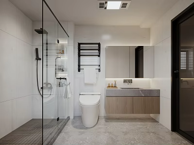 Modern Bathroom Interior With Glass Shower Toilet Vanity Mirror White Walls And Gray Floor 3d model