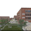 Red Brick Multi Story School Building With Large Windows Green Lawns And Sports Field