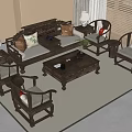 Chinese Solid Wood Sofa And Coffee Table Set With Chairs Pillows And Tea Set 3d model