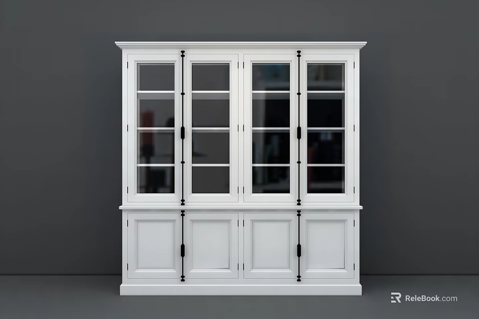 White Modern Bookcase With Upper Glass Doors And Lower Wooden Cabinets 3d model 