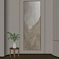 Modern Interior Decor With Vertical Textured Painting And Potted Plants On Side Table
