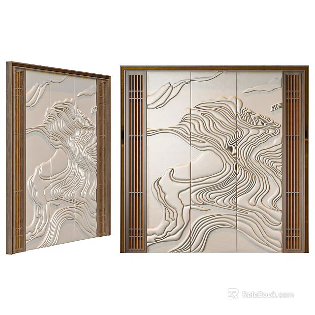 Elegant Chinese Style Sofa Backdrop Wall With Wooden Frame And Wavy Patterns 3d model