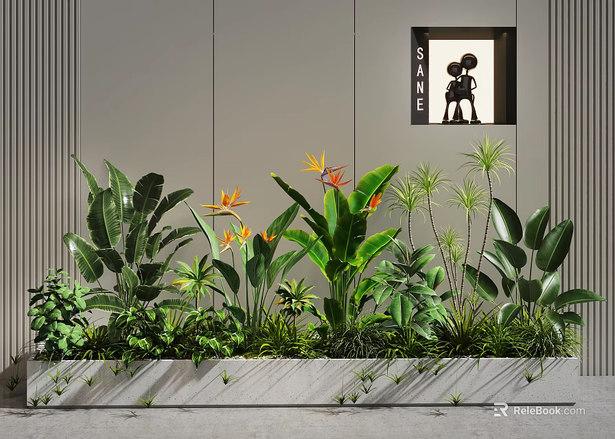 Lush Tropical Plant Combination with Large Green Leaves and Orange Flowers in Concrete Planter 3d model 