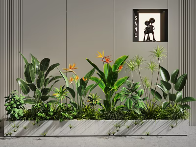 Lush Tropical Plant Combination with Large Green Leaves and Orange Flowers in Concrete Planter 3d model