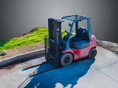 Pink Forklift Parked On Concrete Ground With Grass Area And Extended Forks 3d model