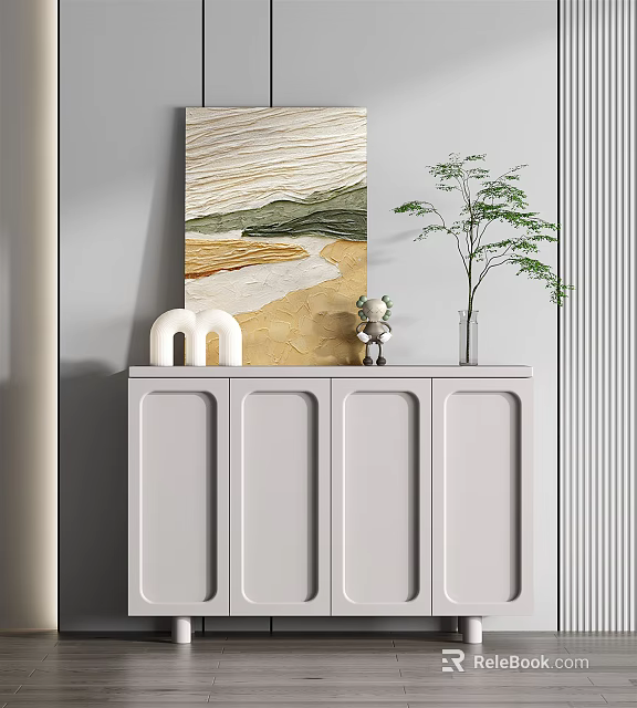 Modern Entryway Console Cabinet With White Sculpture Small Figurine Green Plant And Abstract Wall Art 3d model 