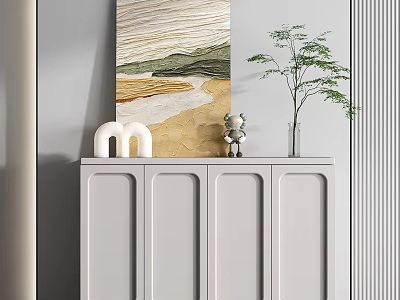 Modern Entryway Console Cabinet With White Sculpture Small Figurine Green Plant And Abstract Wall Art 3d model