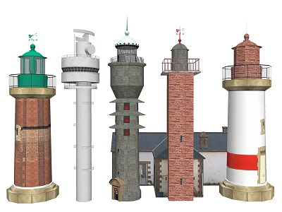 Various Lighthouses With Different Architectural Styles And Color Details 3d model