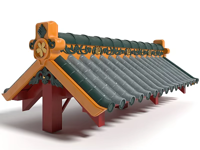 Ornate Traditional Architectural Roof with Green Tiles Orange Decorations and Carved Patterns 3d model
