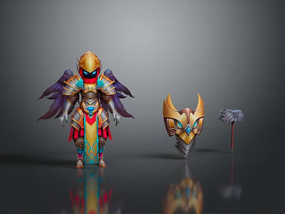Detailed Fantasy Mythical Character In Ornate Armor With Shield And Hammer 3d model