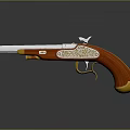 Vintage Pistol With Red Grip Golden Decorations And Silver Barrel