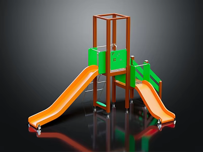 Outdoor Playground Equipment With Two Orange Slides Green Panels And Brown Frame 3d model