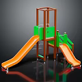 Outdoor Playground Equipment With Two Orange Slides Green Panels And Brown Frame