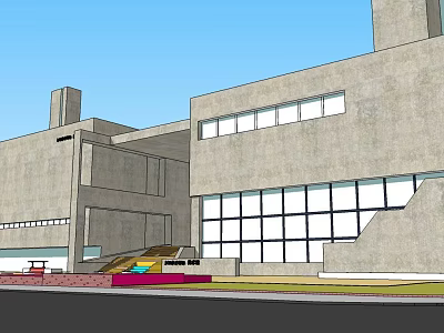 Modern Concrete Building Exterior With Large Windows And Steps Under Blue Sky 3d model