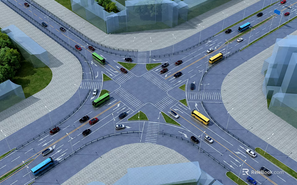 Road Infrastructure At Busy Traffic Intersection With Multiple Lanes Traffic Lights And Zebra Crossings 3d model 