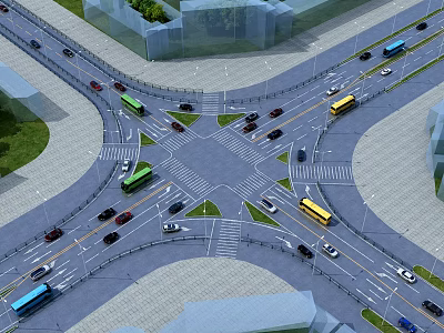 Road Infrastructure At Busy Traffic Intersection With Multiple Lanes Traffic Lights And Zebra Crossings 3d model