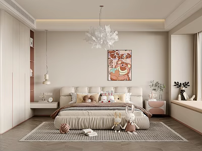Cozy Kids Room Interior Design With Soft Bed Pillows Stuffed Toys Poster And Chandelier 3d model