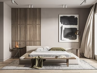 Minimalist Bedroom Interior With Wooden Wardrobes Gray Bed Rug Side Tables And Abstract Painting 3d model