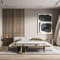 Minimalist Bedroom Interior With Wooden Wardrobes Gray Bed Rug Side Tables And Abstract Painting