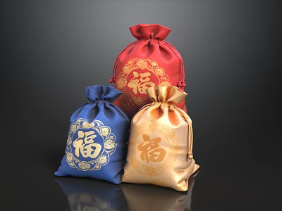 Traditional Fortune Bag Ornament Set with Red Blue Gold Colors and Blessing Characters 3d model