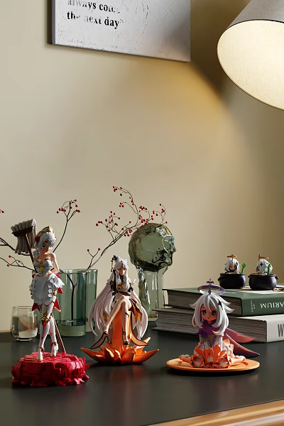 Anime Figures Display With Red Berry Branches Glass Vases And Books 3d model