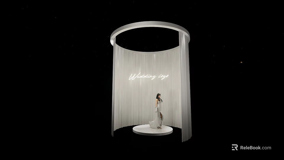 Wedding Scene With White Circular Structure Hanging Curtains And Bride On Platform 3d model 