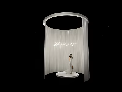 Wedding Scene With White Circular Structure Hanging Curtains And Bride On Platform 3d model