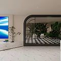 Modern Beauty Hair Salon Interior With White Styling Chairs Marble Floor Large Screen And Green Plants