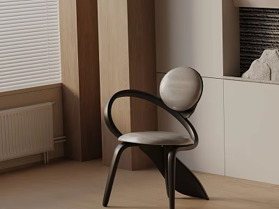 Modern Dining Chair With Curved Armrest Round Backrest Black Frame And Grey Cushion 3d model