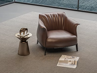 Modern Brown Leather Leisure Chair With Stylish Side Table In Indoor Space 3d model
