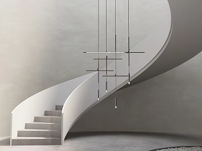 Modern White Curved Staircase With Hanging Lights And Minimalist Background 3d model