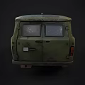 Vintage Military Green Van With Worn Out Exterior And Wooden Blocks Under Tires