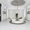 Modern Beauty Salon Reception Area With Chandelier Circular Carpet And White Chairs