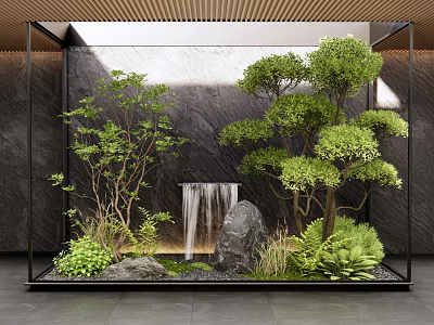Indoor Landscape With Waterfall Rocks And Lush Plants 3d model